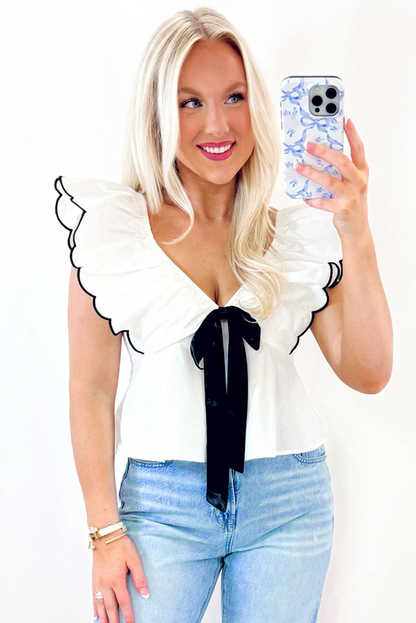 White Contrast Bow Ruffle Trim V Neck Blouse