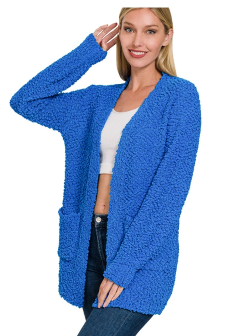 PUFF SLEEVE POPCORN CARDIGAN WITH POCKETS