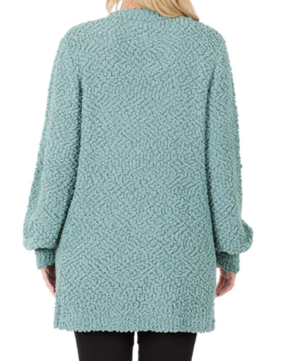 PUFF SLEEVE POPCORN CARDIGAN WITH POCKETS