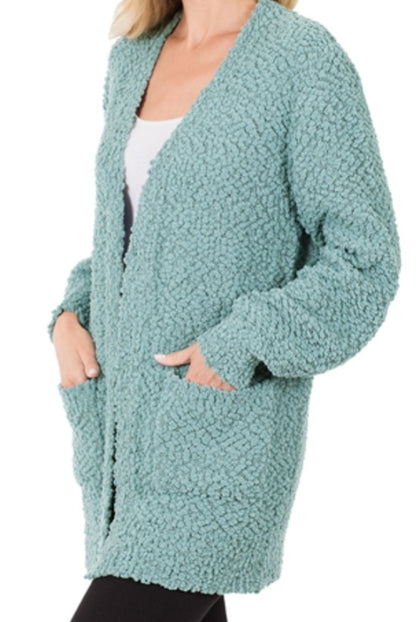 PUFF SLEEVE POPCORN CARDIGAN WITH POCKETS