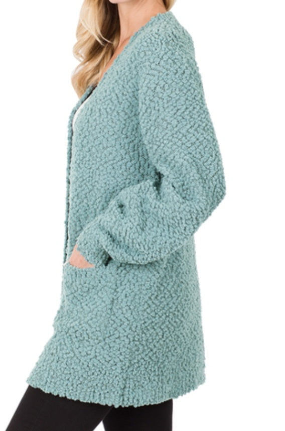 PUFF SLEEVE POPCORN CARDIGAN WITH POCKETS
